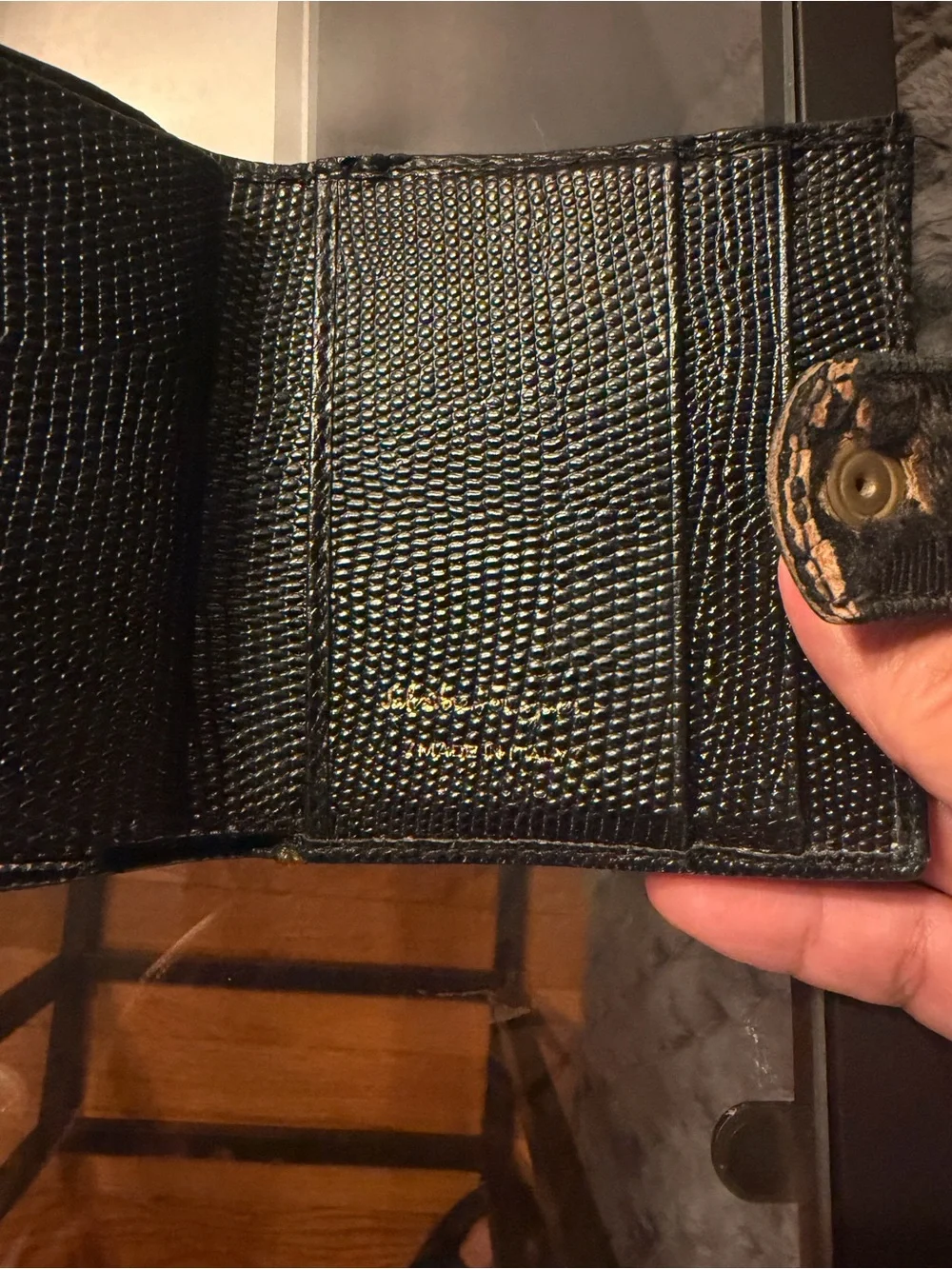 Salvatore Ferragamo Black Textured Leather Wallet with Silver Buckle